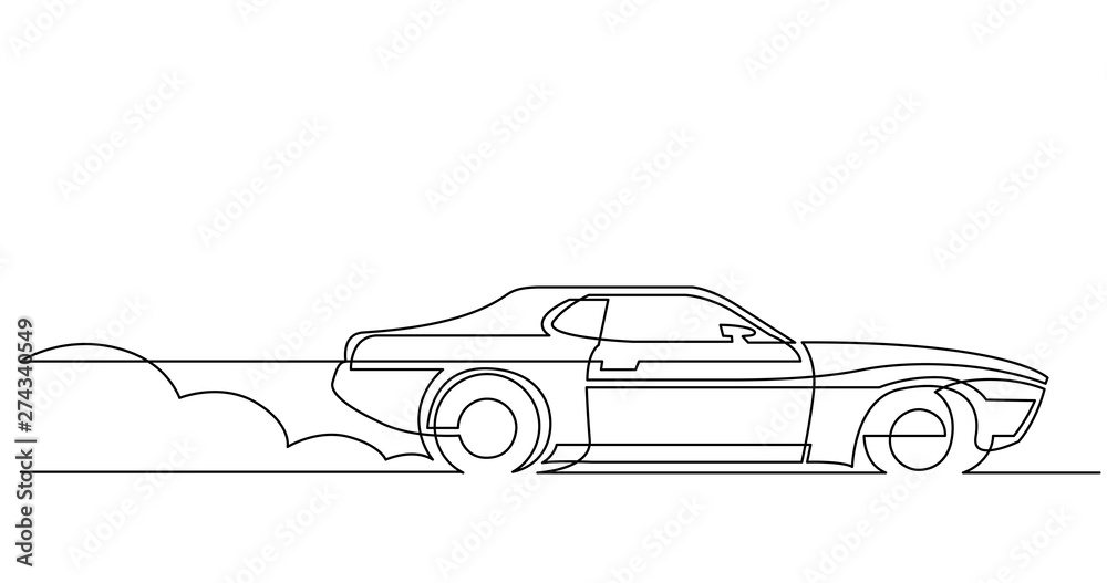 Wall mural continuous line drawing of retro sport car driving fast