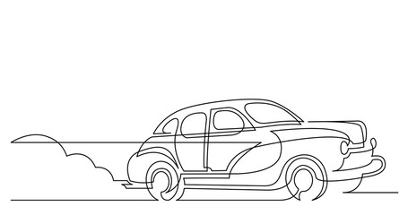 continuous line drawing of vintage racing car driving on dusty road