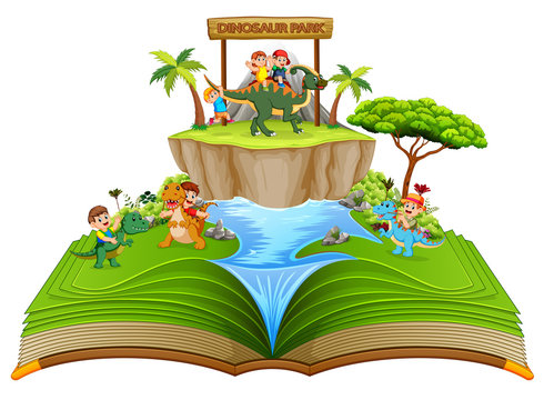 the green storybook of the dinosaur park with the children playing near the river