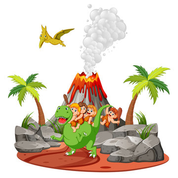 cavemen riding green dinosaur near volcano