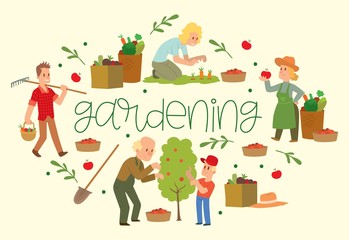 Obraz na płótnie Canvas Gardening banner vector illustration. Equipment for land such as rake, shovel, bucket. Farmer picking fruit and vegetable harvest. Female and male characters harvesting. Baskets.