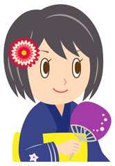 浴衣を着てうちわを持った女性
