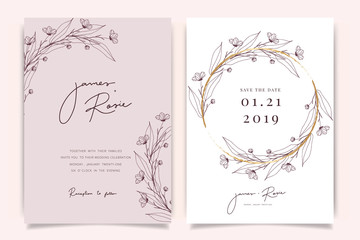 Rose gold Wedding Invitation, floral invite thank you, rsvp modern card Design in Hand drawn flower with red berry and leaf greenery  branches decorative Vector elegant rustic template - 274342328