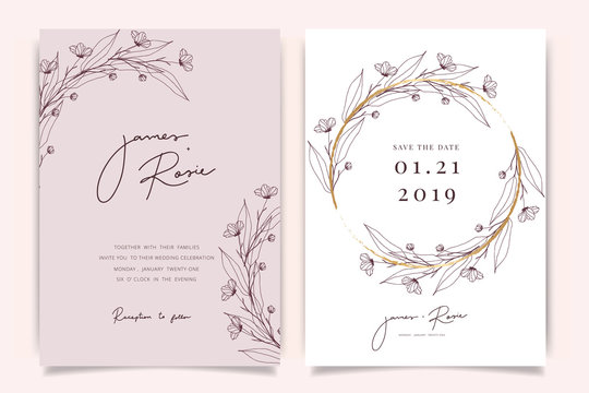 Rose gold Wedding Invitation, floral invite thank you, rsvp modern card Design in Hand drawn flower with red berry and leaf greenery  branches decorative Vector elegant rustic template