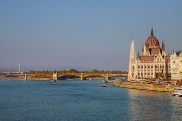Obraz premium Building of the hungarian parliament in a Budapest, capital of Hungary, by the Danube river