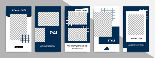 5 Set editable social media stories square post in blue indigo, black and white color, geometric shape banner template. Minimal modern stripe line design with grey background vector illustration