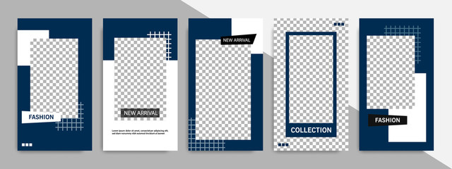 5 Set editable social media stories square post in blue indigo, black and white color, geometric shape banner template. Minimal modern stripe line design with grey background vector illustration