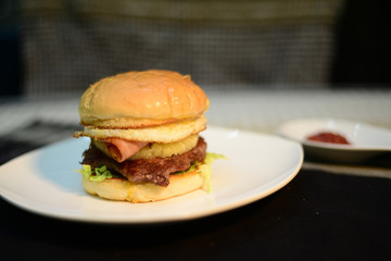 traditional takeaway hamburgers, setup nicely on table ready to serve