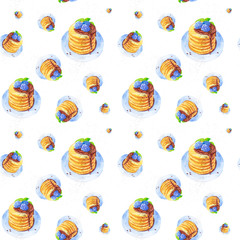 Watercolor illustration of a cake with blackberries and chocolate on a plate surrounded by crumbs. Isolated on white background. Seamless pattern