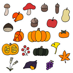 秋の植物、野菜、果物のイラスト
