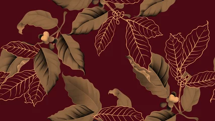 Fototapeten Coffee tree seamless pattern, branch of coffee tree in golden brown on dark red background, vintage style © momosama