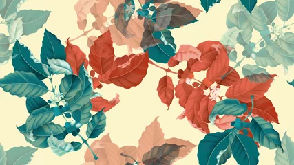 Poster Im Rahmen Nahtloses Muster des Kaffeebaums, Zweig des Kaffeebaums in Orange und Grün auf hellgelbem Hintergrund, Vintage-Stil © momosama
