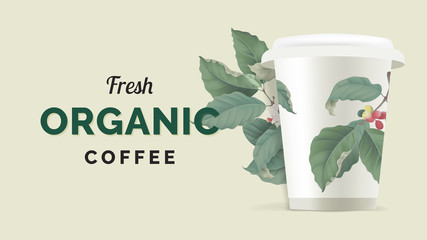Organic coffee banner template design, white coffee cup decorated with branch of coffee tree on light yellow