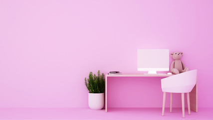 Workplace in the pink room and empty space for add artwork. 3D Illustration
