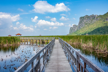 Wooden walkway along side the lake and mountain in Thailand