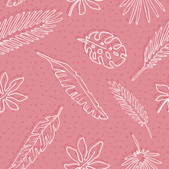 Naklejka premium pink seamless pattern with leaves of palm trees, hand drawn tropical leaves white and pink, funny sketch style with shadows. for t-shirts, prints, postcards, design.