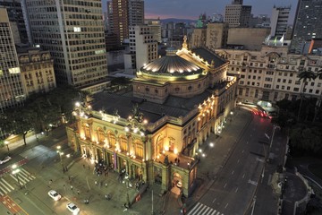 Municipal's Theater of São Paulo aerial view, Brazil. Fantastic landscape. Downtown scenery. Night...