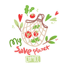 Vector illustration with hand drawn eco string bag. No plastic. My save planet choice