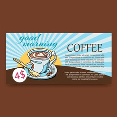 Morning cup of coffee vector graphic. Aroma rich coffee cappuccino, latte, espresso drink on vintage background. Decorative retro design for print, card, banner.