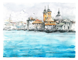 Fototapeta premium Venice, Italy. landscape watercolor painting. Venice canals with gondolas watercolor sketch illustration