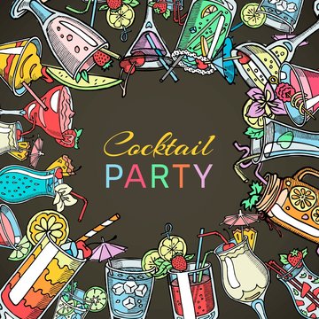 Coctail drinks party summer poster. Drinking alcohol glasses with cherry, paper umbrellas, lime, mint leaves and cubes of ice for cocktail party on retro background vector illustration.