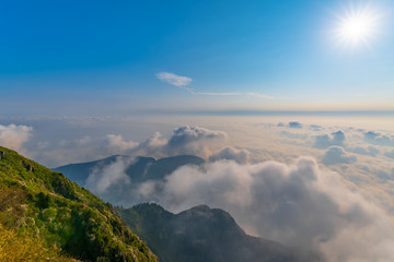 •	sea of clouds in the morning sun, at the top of Emei Mountain in Sichuan Province, China