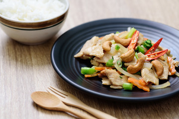 Thai food, Fried chicken with cashew nut and rice, top view