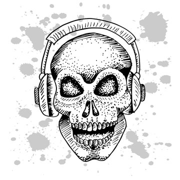 Hand drawing skull in headphone.