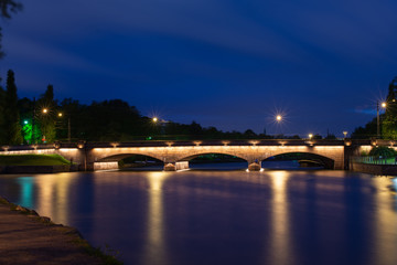 Helsinki cityscape by night: Pitk&auml;silta bridge connects Kaisaniemi and Hakaniemi