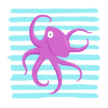 Purple octopus animal flat character on cayn strips background. Cartoon poulpe for design, logo, background, card, print, sticker