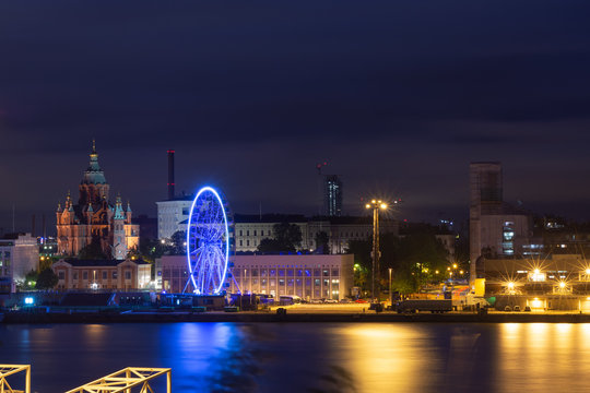 Helsinki cityscape by night: Katajanokka and market square, view from T&auml;htitorninm&auml;ki