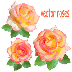 set of three icons of delicate roses with leaves in a low poly style on white background