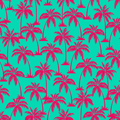 Fototapeta na wymiar Palm tree seamless pattern. Hawaiian palm trees repeating pattern. Purple on teal background. Vector illustration. for print, textile, web, home decor, fashion, surface, graphic design