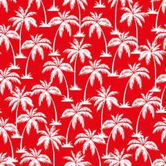 Palm tree seamless pattern. Hawaiian palm trees repeating pattern. White on Red background. Vector illustration. for print, textile, web, home decor, fashion, surface, graphic design