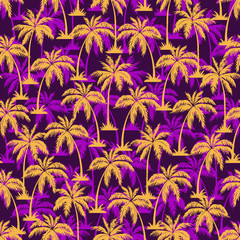 Fototapeta na wymiar Palm tree seamless pattern. Hawaiian palm trees repeating pattern. Yellow on purple background. Vector illustration. for print, textile, web, home decor, fashion, surface, graphic design