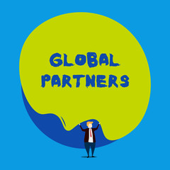 Conceptual hand writing showing Global Partners. Concept meaning Two or more firms from different countries work as a team Male human wear formal tuxedo hold asymmetrical shape bubble