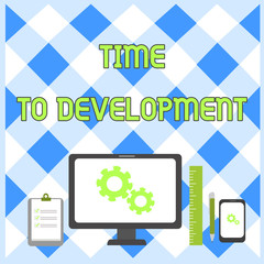 Conceptual hand writing showing Time To Development. Concept meaning a length of time during which a company grows or develop Business Concept PC Monitor Mobile Device Clipboard Ruler