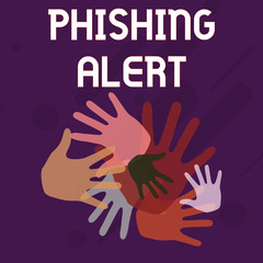 Writing note showing Phishing Alert. Business concept for aware to fraudulent attempt to obtain sensitive information Hand Marks of Different Sizes for Teamwork and Creativity