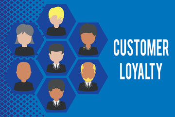 Word writing text Customer Loyalty. Business photo showcasing result of consistently positive emotional experience Pictures frames chief executive and staff. Organization employees structure