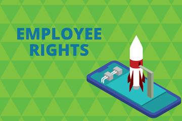 Word writing text Employee Rights. Business photo showcasing All employees have basic rights in their own workplace Ready to launch rocket lying smartphone. Startup negotiations to begin