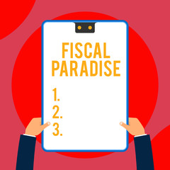 Text sign showing Fiscal Paradise. Business photo text The waste of public money is a great concern topic Two executive male hands holding electronic device geometrical background
