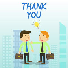 Word writing text Thank You. Business photo showcasing a polite expression used when acknowledging a gift or service Two White Businessmen Colleagues with Brief Cases Sharing Idea Solution