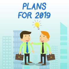 Word writing text Plans For 2019. Business photo showcasing an intention or decision about what one is going to do Two White Businessmen Colleagues with Brief Cases Sharing Idea Solution