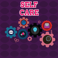 Text sign showing Self Care. Business photo showcasing the practice of taking action to improve one s is own health Set of Global Online Social Networking Icons Inside Colorful Cog Wheel Gear