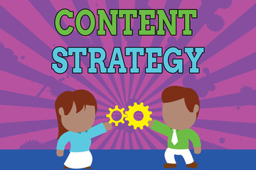 Conceptual hand writing showing Content Strategy. Concept meaning create marketing plan using good photos and words Young couple sharing gear Man tie woman skirt relation