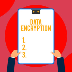 Text sign showing Data Encryption. Business photo text Symmetrickey algorithm for the encrypting electronic data Two executive male hands holding electronic device geometrical background