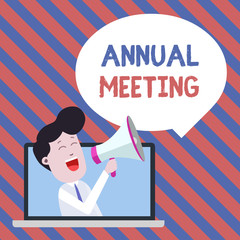 Handwriting text writing Annual Meeting. Conceptual photo yearly meeting of the general membership of an organization Man Speaking Through Laptop into Loudhailer Blank Speech Bubble Announce