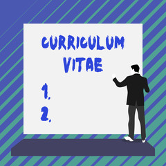 Writing note showing Curriculum Vitae. Business concept for overview of demonstrating qualifications for job opportunity Short hair immature young man stand in front of rectangle big board