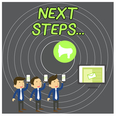 Text sign showing Next Steps. Business photo showcasing something you do or plan after you ve finished something else SMS Email Marketing Media Audience Attraction Personal Computer Loudspeaker