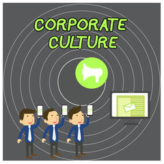 Text sign showing Corporate Culture. Business photo showcasing pervasive values and attitudes that characterize a company SMS Email Marketing Media Audience Attraction Personal Computer Loudspeaker